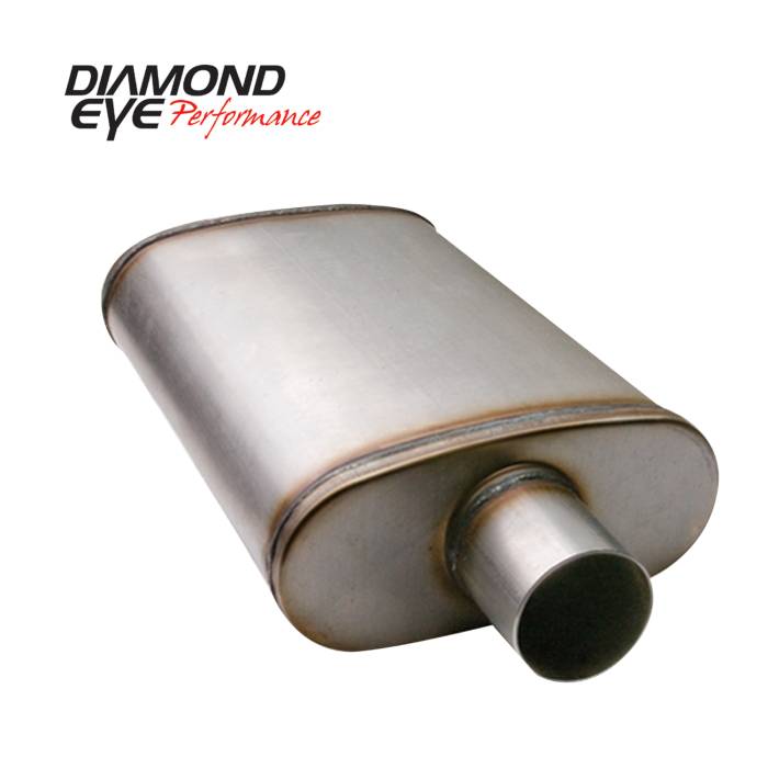 Diamond Eye Performance - Diesel Muffler 28 Inch Oval 3.5 Inch Single Inlet/Dual Outlet Stainless Performance Perforated Diamond Eye